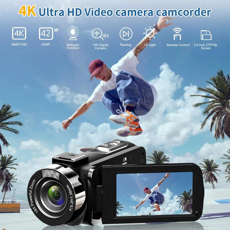 4K Video Camcorder for Music Festival, 1 Set 3.0 Inch Flip Screen 18X Zoom Camera with Microphone, 32GB SD Card, Remote Control & 1 Battery