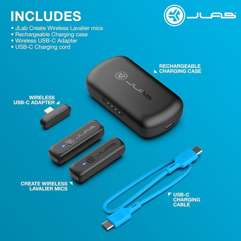 Jlab Create Wireless Lavalier Microphone System for Iphone, Android, Ipad, 2 Mics & Charging Case, Clip On, Crystal Clear Sound Quality for Recording Audio Bluetooth